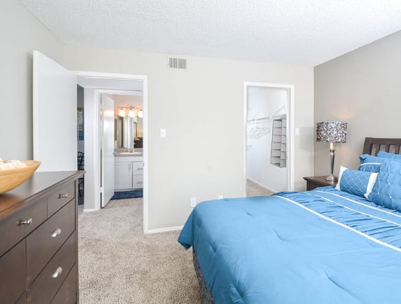 Spacious Bedroom with Plush Carpeting and Walk-In Closet