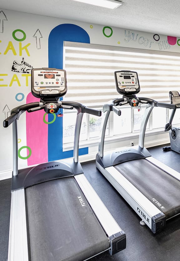 a gym with treadmills and exercise balls and walls with graffiti