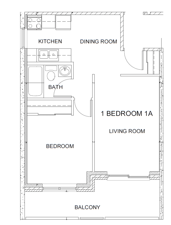 One bedroom, one bathroom apartment layout at Market Street Apartments in Hamilton, ON