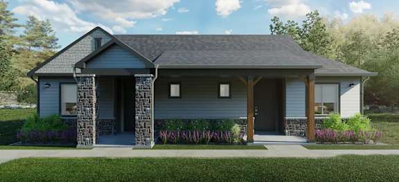A small house with a porch and a covered entrance.