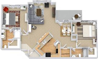 Belmont 3D. 2 bedroom apartment. Kitchen with bartop open to living/dinning rooms. 2 full bathrooms, double vanity in master, shower stall in guest. Walk-in closets. Patio/balcony.