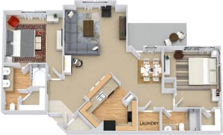Belmont 3D. 2 bedroom apartment. Kitchen with bartop open to living/dinning rooms. 2 full bathrooms, double vanity in master, shower stall in guest. Walk-in closets. Patio/balcony.