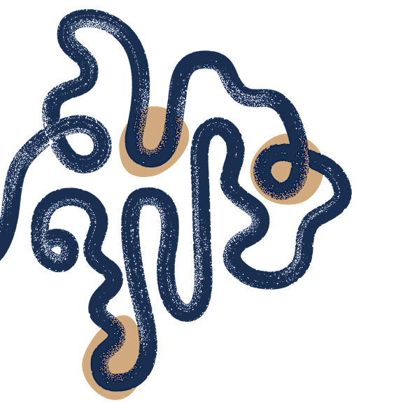 A dark blue and orange abstract image with swirling lines and shapes.