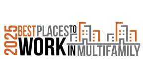 A graphic with the text "2025 BEST PLACES TO WORK IN MULTIFAMILY" in orange and black.