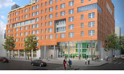 a rendering of a tall orange building on a city street