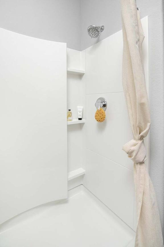 a white bathroom with a shower curtain and a sink at Grandstone at Sunrise, Peoria, AZ, 85383