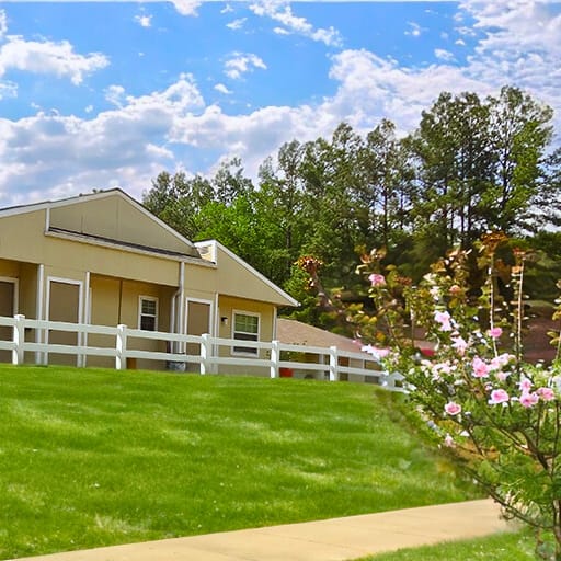 a yellow house with a white fence and green grass