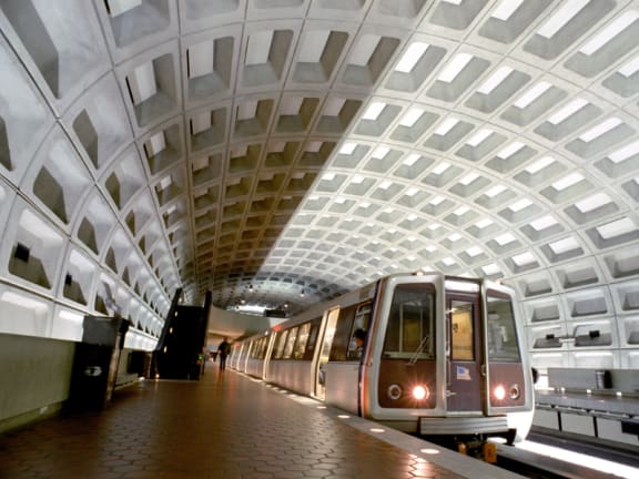 Washington DC Metro station platform with train waiting at Cheverly Station, Maryland