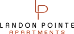 The image shows a logo with the text "LANDON POINTE APARTMENTS" in red and black on a green background.