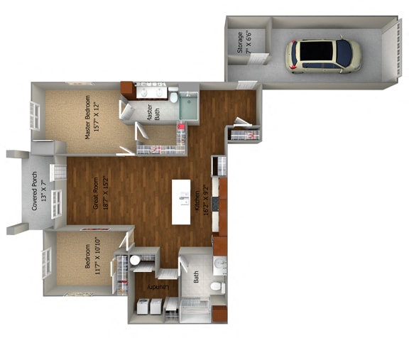 2 Bedroom/2 Bath (1258 sf) Floor Plan at Cedar Place Apartments, Cedarburg, WI