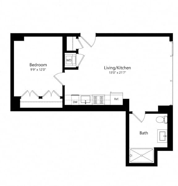 A floor plan of a house with two bedrooms, two bathrooms, and two living/kitchen areas.
