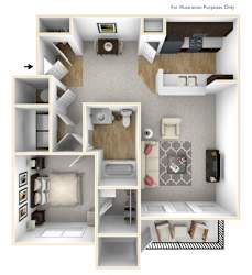 A 3D view of a 1 bedroom Lennon floor plan