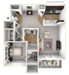 A 3D view of a 1 bedroom Lennon floor plan