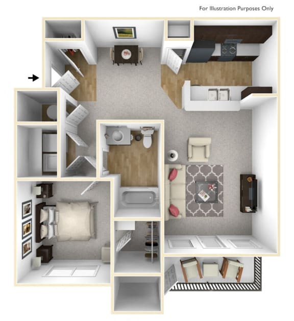 A 3D view of a 1 bedroom Lennon floor plan