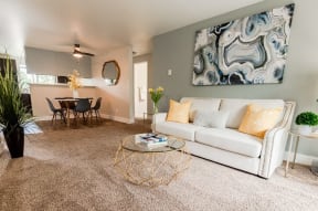 Kent Apartments - Vibe Apartments - Living Room, Dining Room, and Kitchen Bar