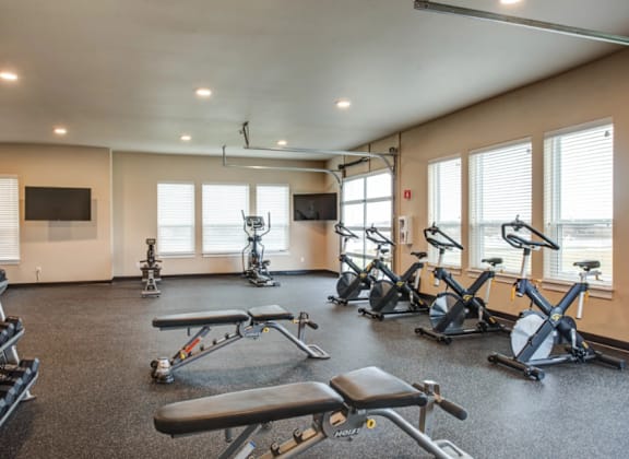 the gym has plenty of exercise equipment and windows