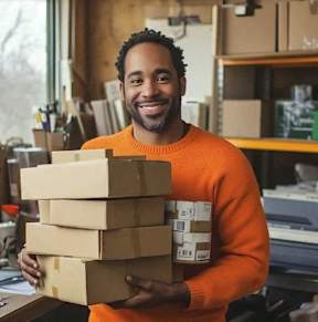 A man in an orange sweater is holding a stack of cardboard boxes in a warehouse.