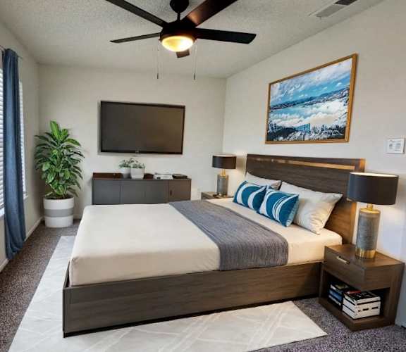 A bedroom with a bed, a television, a plant, and a painting on the wall.