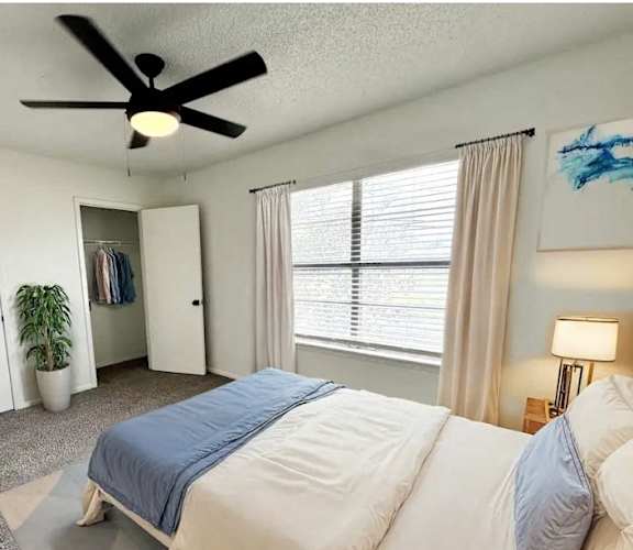 A bedroom with a bed, a ceiling fan, and a potted plant.