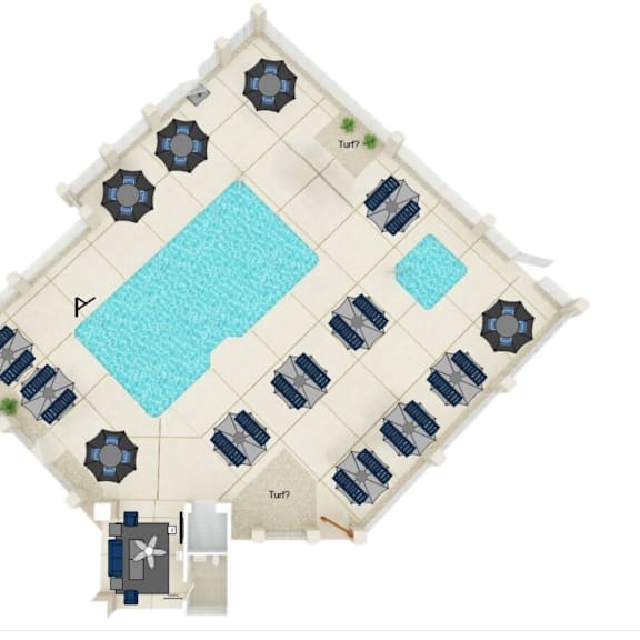 A model of a pool surrounded by chairs and umbrellas.