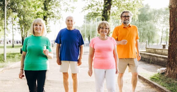 Four seniors walking in a park.