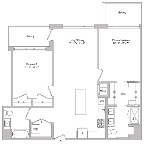 Floor Plan  large two bed, two bath, walk in closets, master suite, double sinks, gourmet kitchen, private balcony