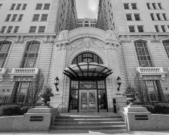 a black and white photo of the front of a building at the Belden Stratford in Chicago, IL 60614