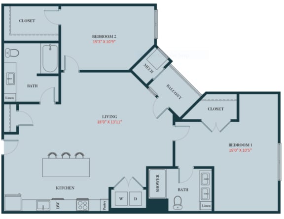 Floor Plan  B4 - 2 Bedrooms 2 Bath Apartment Floor Plan Design - 1259 sq. ft. - Apartments in Des Plaines