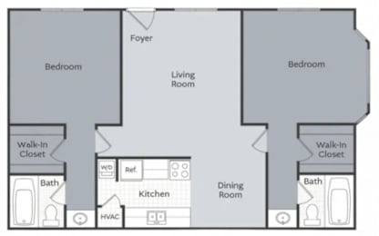 A floor plan of a home with two bedrooms, a living room, a kitchen, a dining room, and two bathrooms.