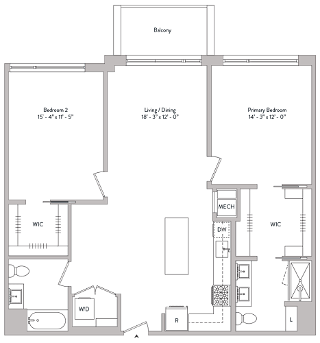 Floor Plan  large two bed, two bath, walk in closets, master suite, double sinks, gourmet kitchen, private balcony