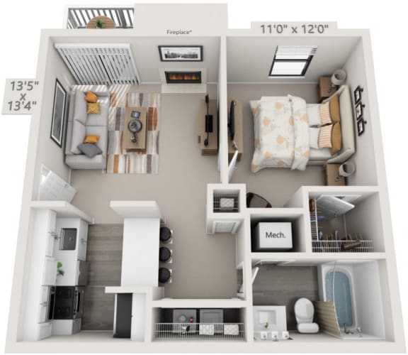 1 Bedroom Floor Plan | 621 Sq. Ft. at Atria At Crabtree Valley Raleigh NC
