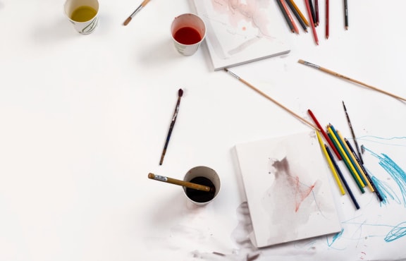 Art supplies on white canvas at Mirabella Apartments, California, 92203