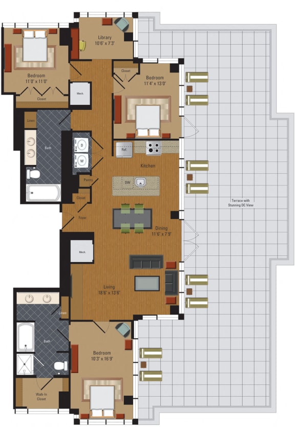 3BR Floor Plan at The Millennium, Arlington, 22202