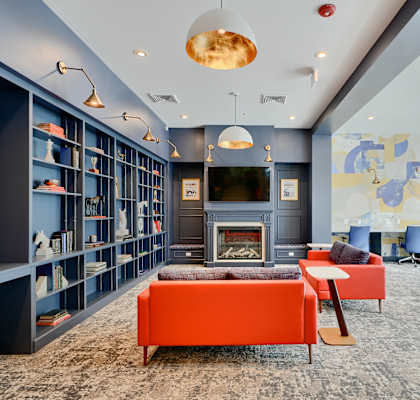 A living room with a fireplace and a bookshelf.