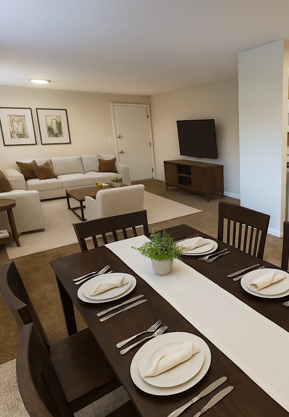 A dining room with a table set for six people.