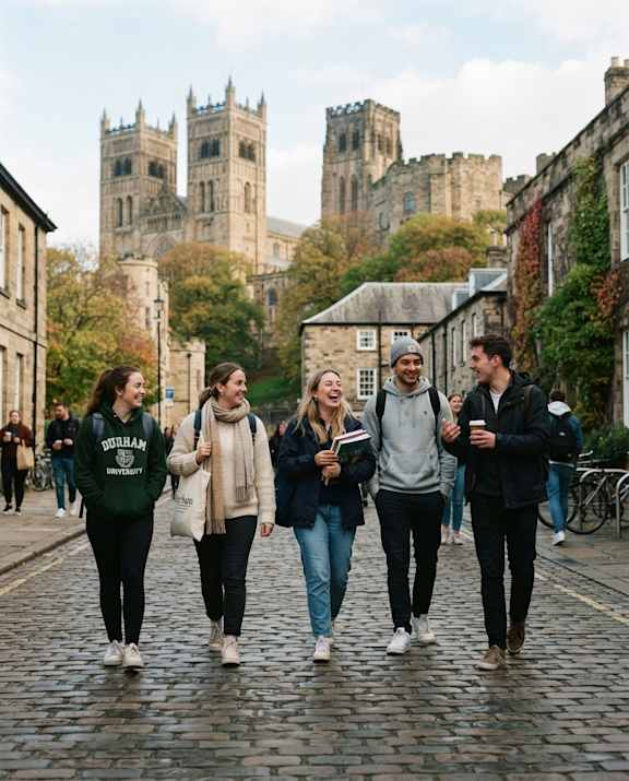 Four people walking down a cobblestone street.