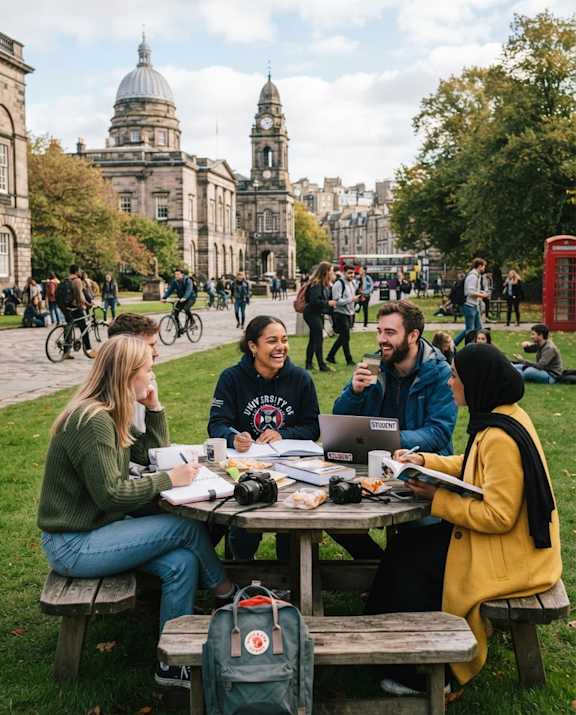 A group of people are studying together at a picnic table in a park.