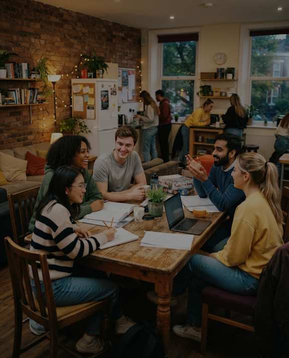 A group of people are gathered around a table in a room with a brick wall and plants.