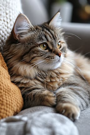 A fluffy cat with a striped coat is lying on a couch.