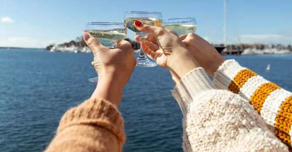 Two people toasting with champagne glasses on a boat.