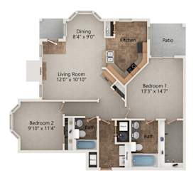 Crane two bedroom two bathroom floorplan at Stone Creek Villas