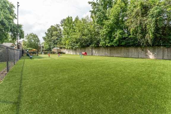 a large grass field with people playing on it