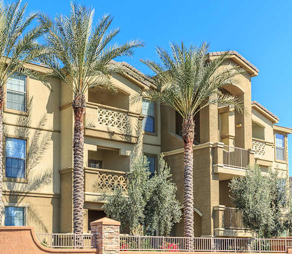 A building with palm trees in front of it. at Superstition Canyon, Arizona, 85209