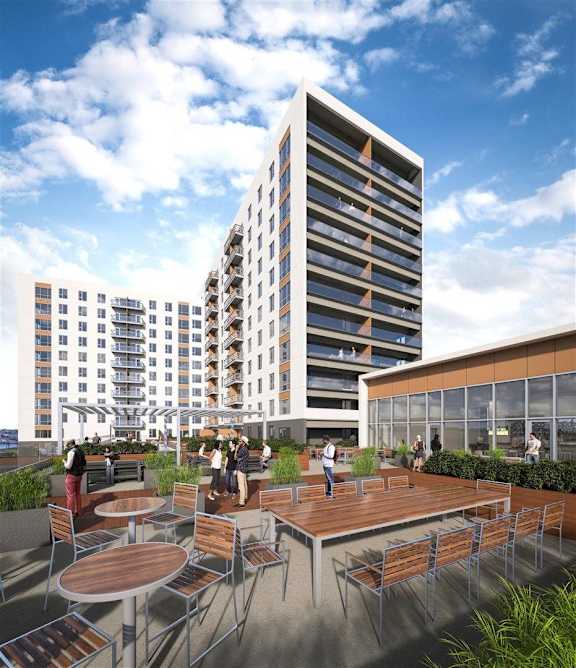 a rendering of an outdoor patio with tables in front of a tall building at South Falls Tower, Richmond, VA, 23224