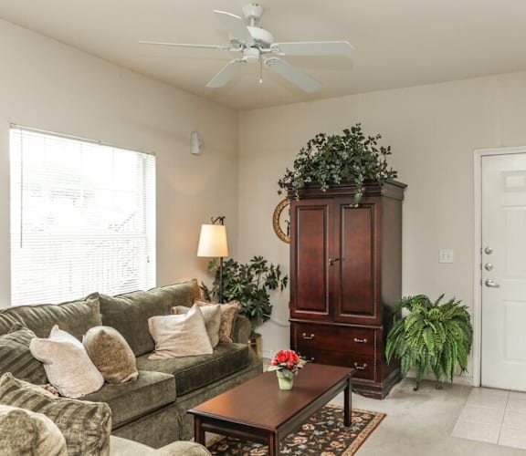 A living room with a couch, a coffee table, a plant, and a cabinet.