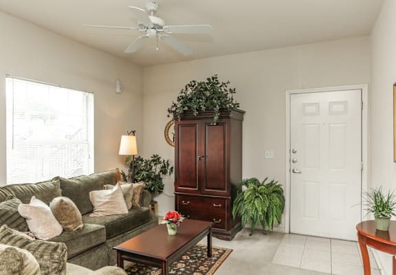 A living room with a couch, a coffee table, a plant, and a cabinet.