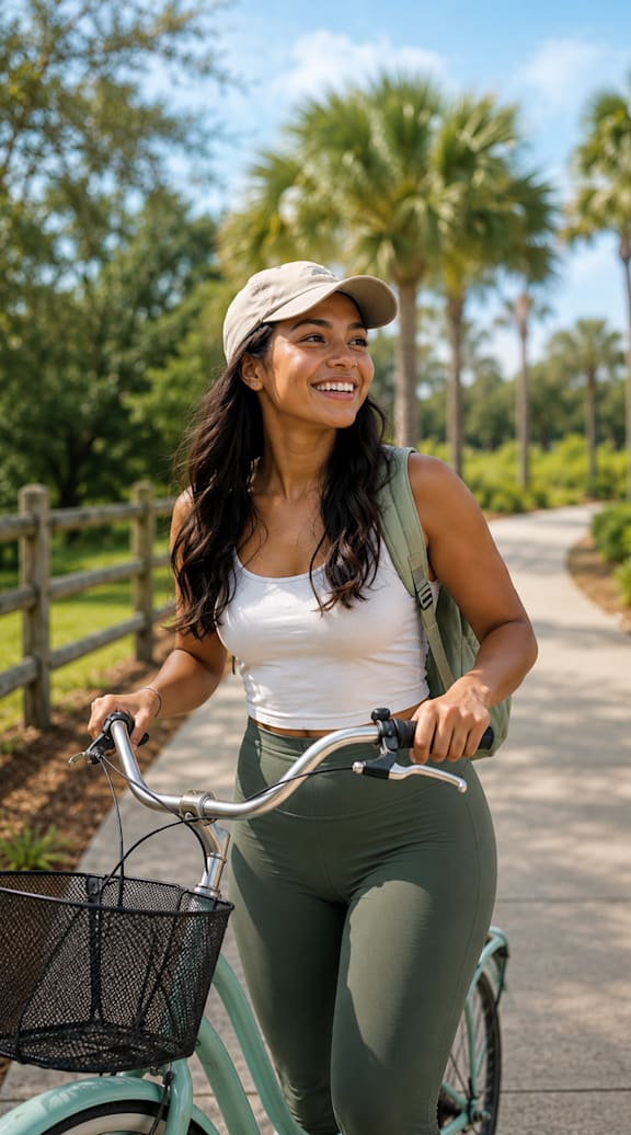 A woman is riding a bicycle on a sunny day.