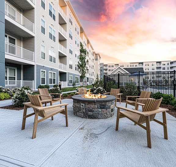 Patio with Firepit and Chairs at Viva Lakeshore, Massachusetts, 02324