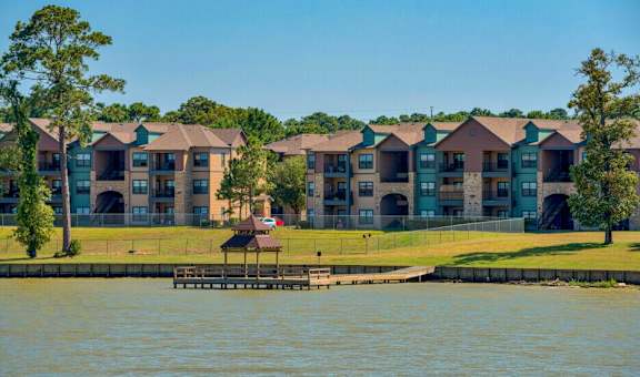 Outside view of Lake forest from the water with the apartments