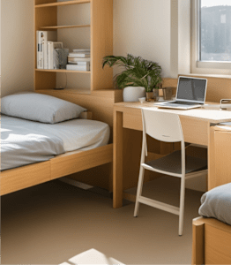A small bedroom with a bed, desk, and chair.